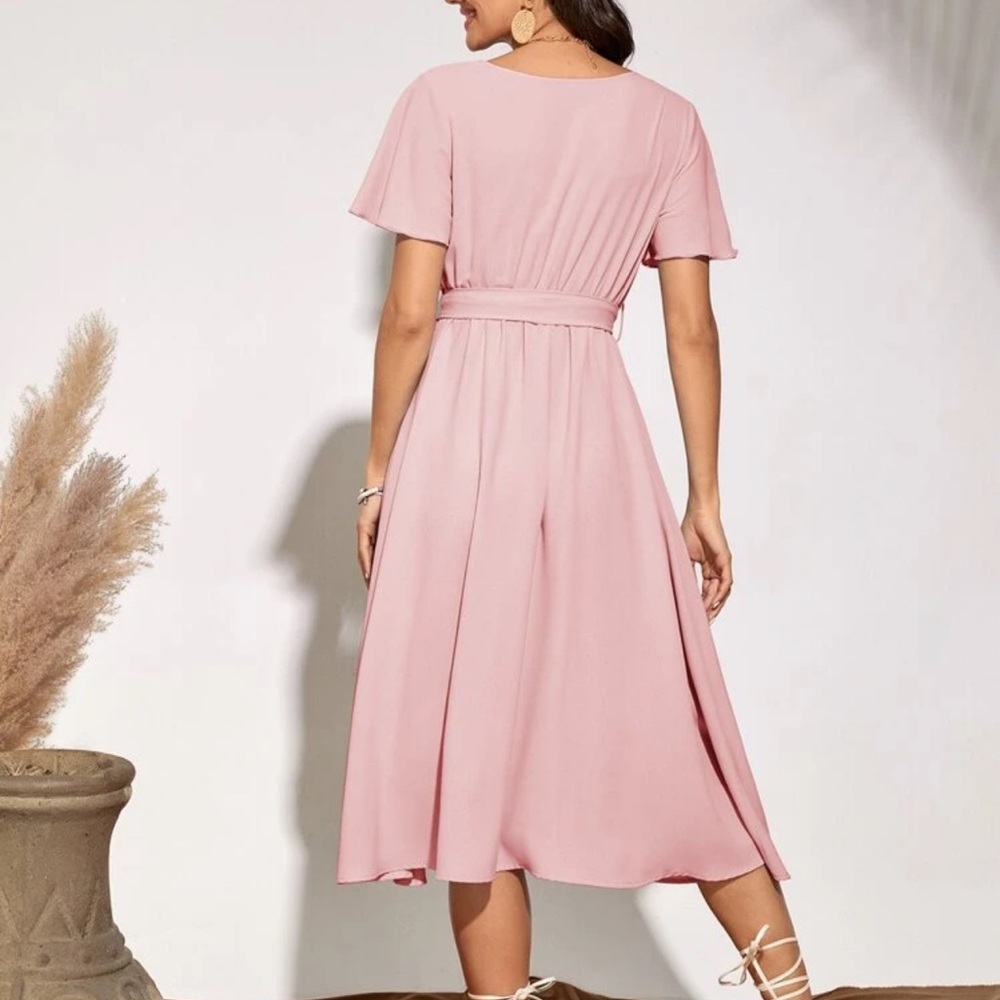 V neck flutter short sleeve faux wrap midi dress - Picture 4 of 16